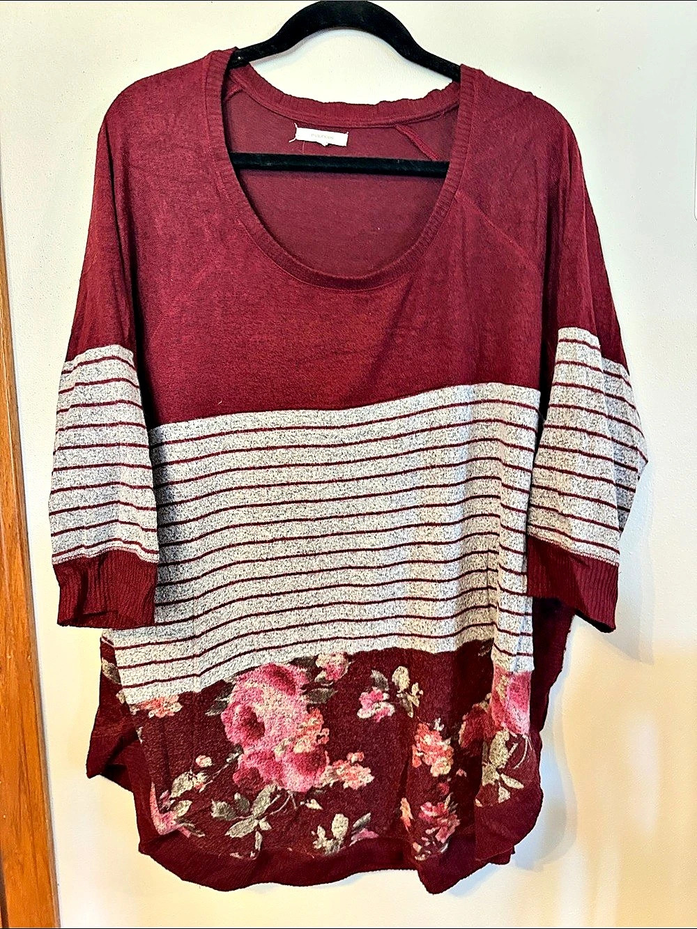 maurices Burgundy & Cream Striped Floral Tunic Sweater